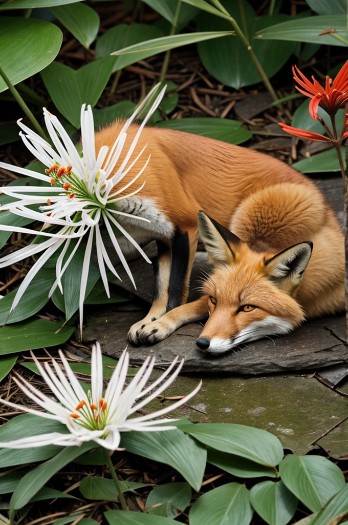 A fox sleeping on top of a spider lily