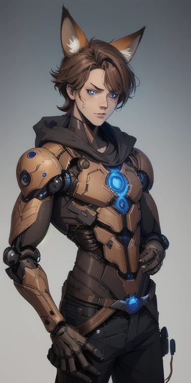 (best quality, concept art), 1boy animatronic ,brown Messy hair ,fox ears , blue pupils , Mechanical 