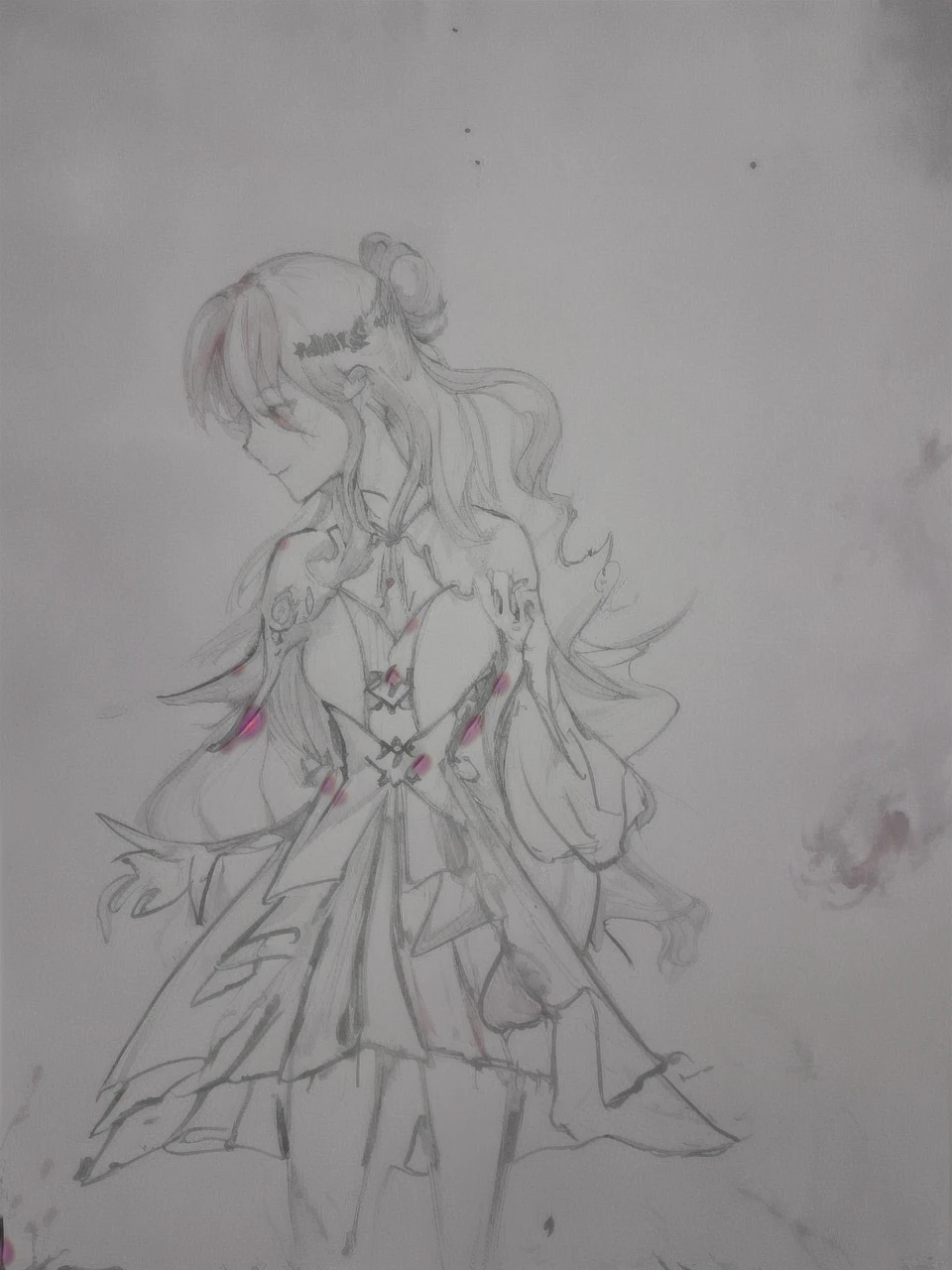 1girl,(red hair)),red eyes,萝,long hair,(loose long hair),((black cloak)),(cape hood),scarf,red moon on the sky,night,floating red flowers falling,upper body,ruins,intense shadows,ash,fire,ice,((Ink wash painting)),((ink splashing)),((color splashing)),