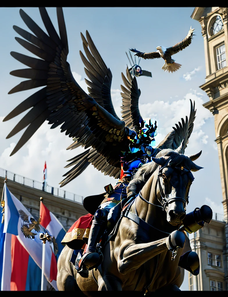 medieval king of Poland during ceremony, show of pride, power, strengh, patriot, polish eagle flying in background