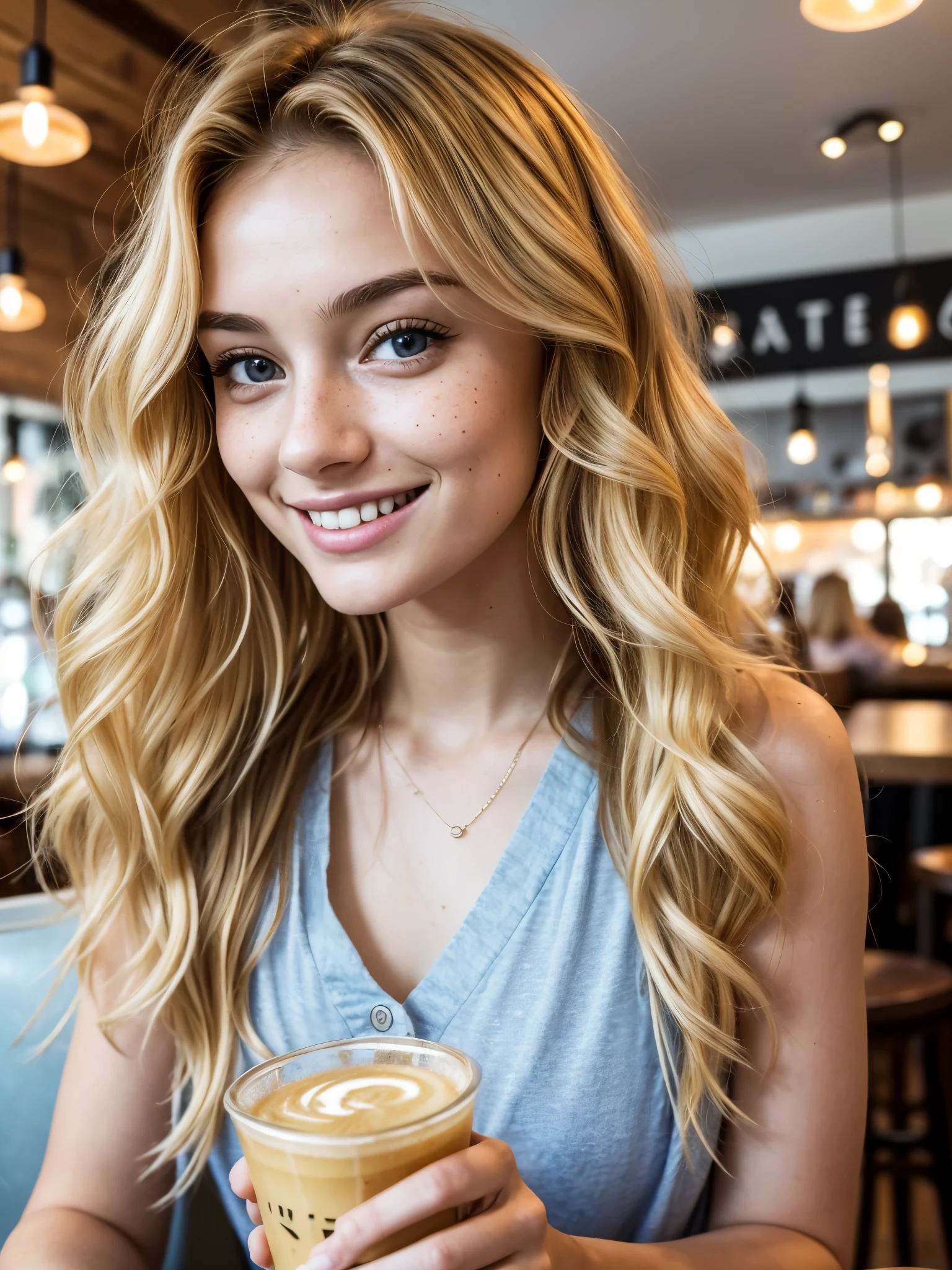 26yo Girl, in a cafe, dressed casually, The wavy blonde:1.2), Age 22, slim, , long highshall:1.1), Selfie, Bright smile, slight freckle, Open eyes, High Definition, pupils looking at camera
