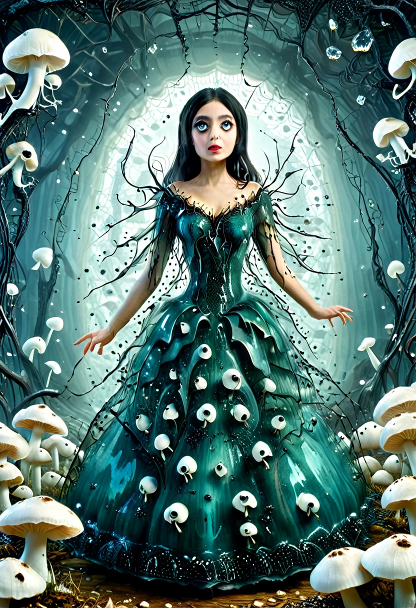 Karely Ruiz, spider-shaped lace dress, She looks with her enormous eyes directly at the mushrooms with an expression of astonishment as she sees herself surrounded by hundreds of crystal insects that have an impossible geometry.... All with the style of Tim Burton, in a kind of surreal dream. While drinking some tea.