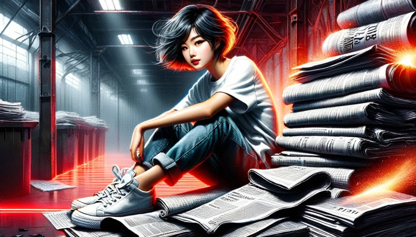 (Graphite Paint), (Beautiful and attractive girl sitting cross-legged on a pile of old newspapers in the basement), (She is wearing a white crew neck shirt and jeans.), Young and wild Asian face, A little mixed race face, (The chin is slightly angular: 0.4), (Messy and super long, Tightly curled short hair), Depraved and lazy, (Perfect Face), Slightly narrow, slender eyes, Sneakers, (The industrial lights on the roof emitted a dim red light.: 1.34),
background: The basement is filled with old newspapers and books., There are a lot of old briefcases and glasses flying around., The old wall is damaged, The industrial style is retro and outdated,
90s anime style, Bold silhouette, Graphic Arts, Line art, Black and White, Line art with pen pressure, Ink pen sketching with pressure, Pressure sensitive calligraphy pen, G-pen style with pressure, Hand-drawn thick lines, High Contrast, ig model,