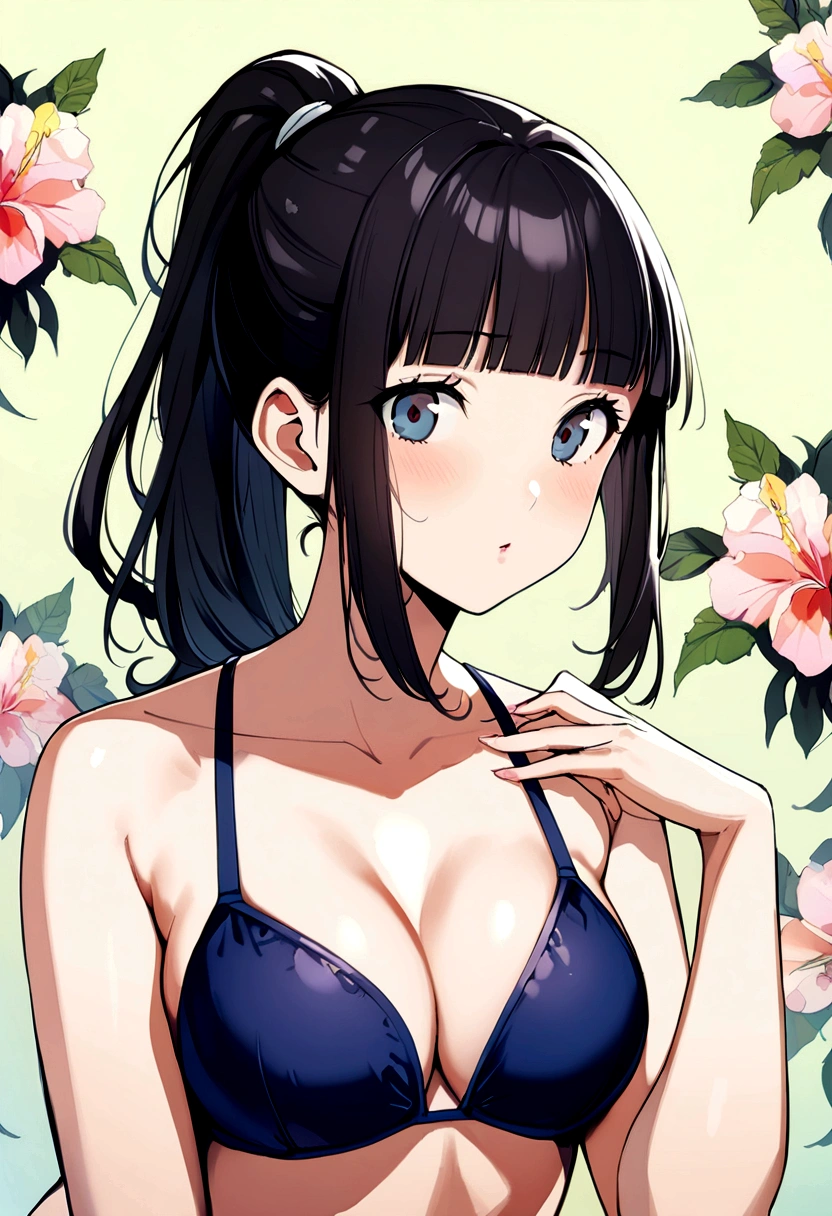 1 girl、Navy blue school swimwear,ponytail、blunt bangs、Black Hair、super fine illustration,(((beautiful fine hair))),(((beautiful fine face))),(((beautiful fine background))),Midsummer、beachBlack Hair、student、bikini、ponytail、blunt bangs、Cross-eyed