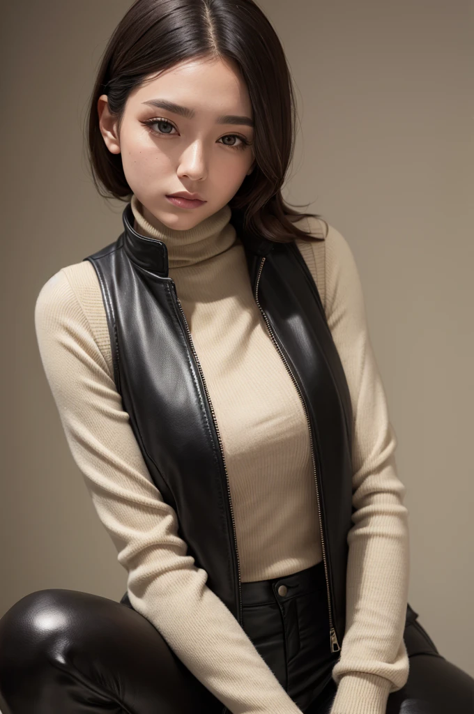 beige turtleneck underneath a black leather vest with a large black leather coat resting on her shoulders, reaching her knees where the fabric is torn.