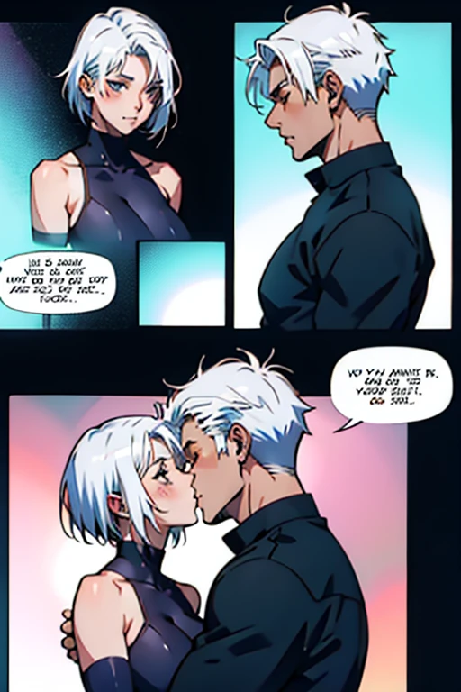 Girl with short white hair small and really skinny, laughing and talking to a guy with short black hair while he holds a cigarette, manga page with panels and dialogue