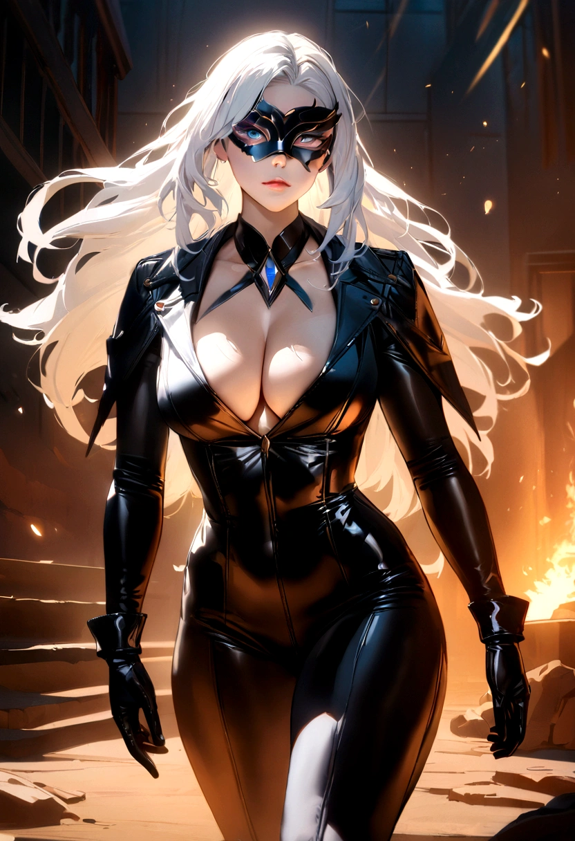 felhardy2023, 1 girl, uhd, best quality, masterpiece, cinematic lighting, white hair, toned, vibrant colors, photorealistic, black , white fur, eye mask, long hair, large cleavage, gloves