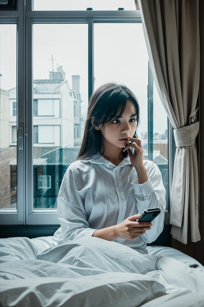 ghost looking at you from window outside and you are lying on bed and phone in hand , create image