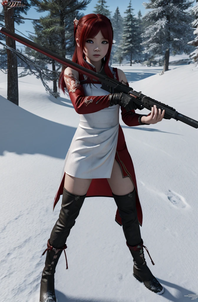((Little Huntress girl))holding a rifle in snow battle pose,oriental,Blade and Soul,ink style,long red hair,sheer micro dress, snows,Cold,Artwork,3D,4K,Detailed,Realistic, ((age 3))