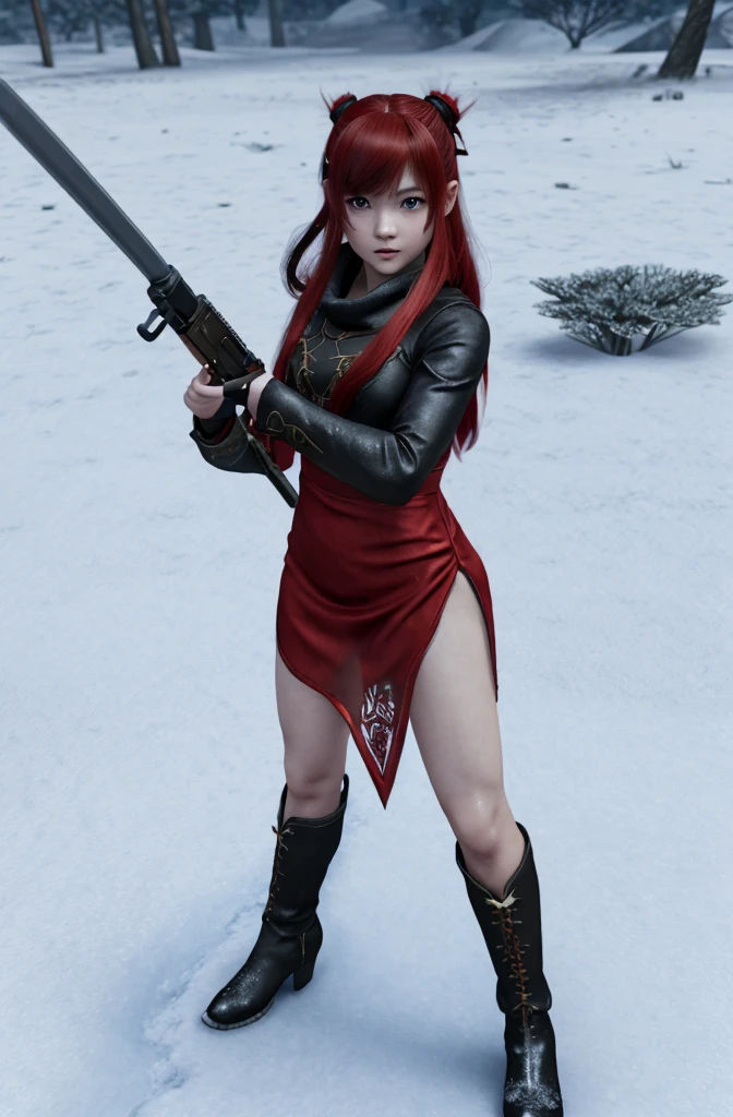 ((Little Huntress girl))holding a rifle in snow battle pose,oriental,Blade and Soul,ink style,long red hair,sheer micro dress, snows,Cold,Artwork,3D,4K,Detailed,Realistic, ((age 3))