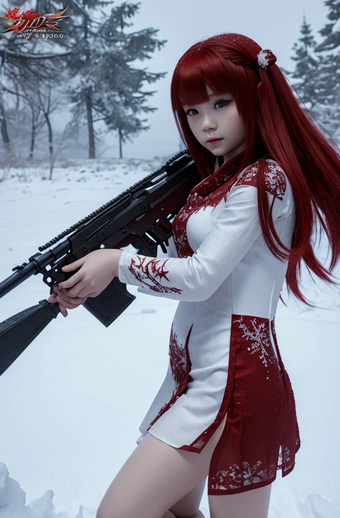 ((Little Huntress girl))holding a rifle in snow battle pose,oriental,Blade and Soul,ink style,long red hair,sheer micro dress, snows,Cold,Artwork,3D,4K,Detailed,Realistic, ((age 3))