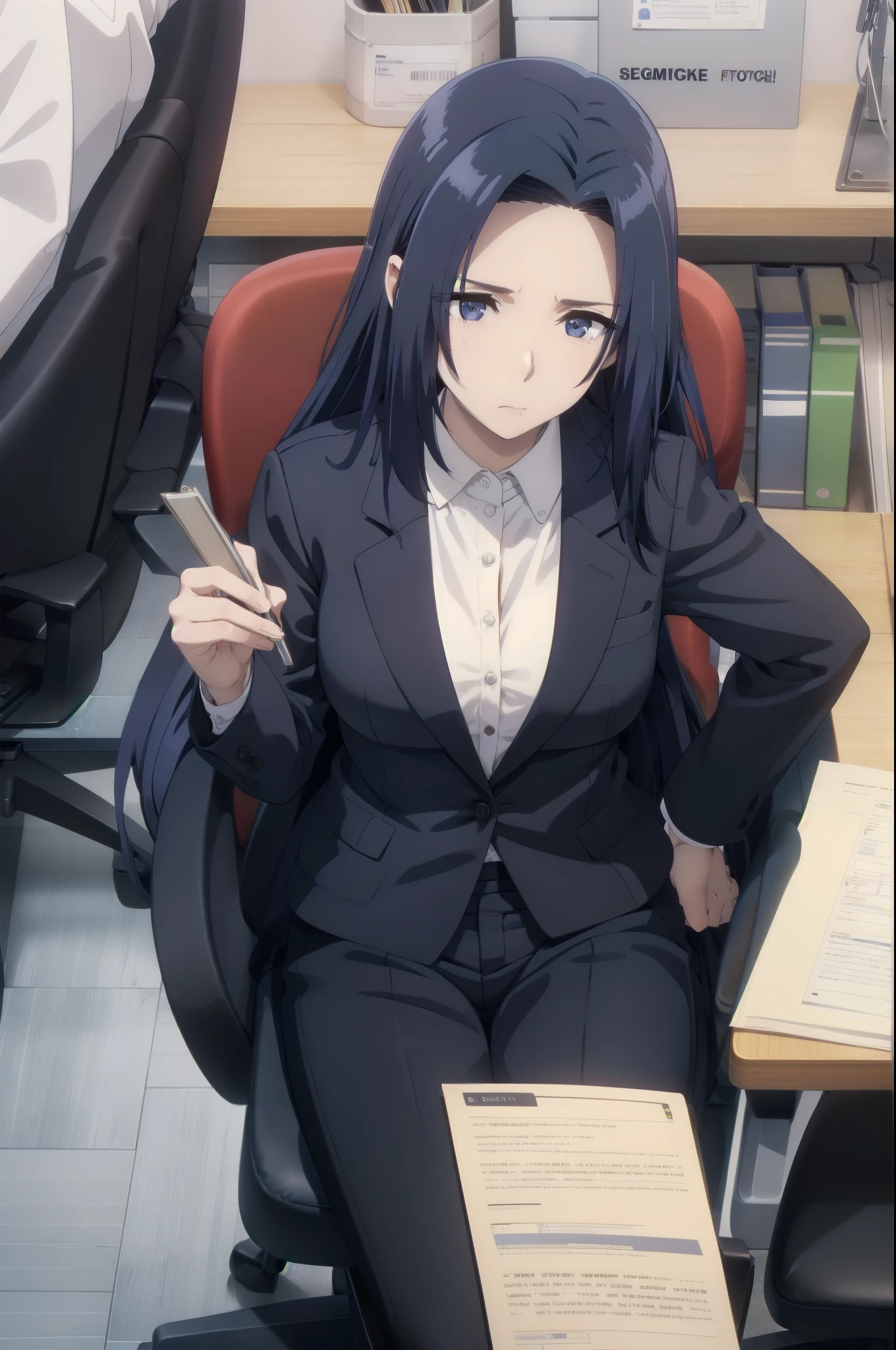 blue hair,,long hair,blue eyes,(((office suit,)))(disgust,looking disgusted, abhore),in the office,sitting on the office chair
