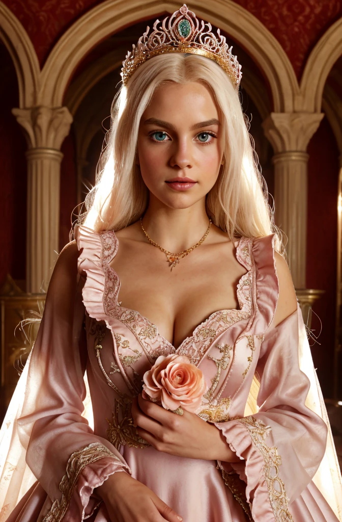 White Blonde hair, fluffy hair, stylish hair, long hair, lilac eyes, perfect eyes, beautiful, perfect face, tween, , short, kind, curvy, a flowing pale airy gown with ruffles along the bottom with tiny pink flowers and gold dragon embroideries with flowers, Her tiara had a pretty teal gemstones, silver necklace, noble class, royal, royalty, red castle, feasting hall, medieval, elegant surroundings, soft dewy makeup look, light peach blush, soft tan eyeshadow, light coral lipstick, cutesy, girlish, girly, guileless, ingénue, princess , whimsical lighting, Targaryen, dragons in the sky, photorealistic