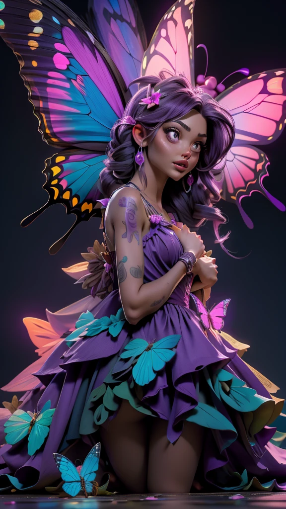 breathtaking a beautiful woman wearing a Neon Purple (short butterfly dress) in Vanaheim, Crawling, . award-winning, professional, highly detailed