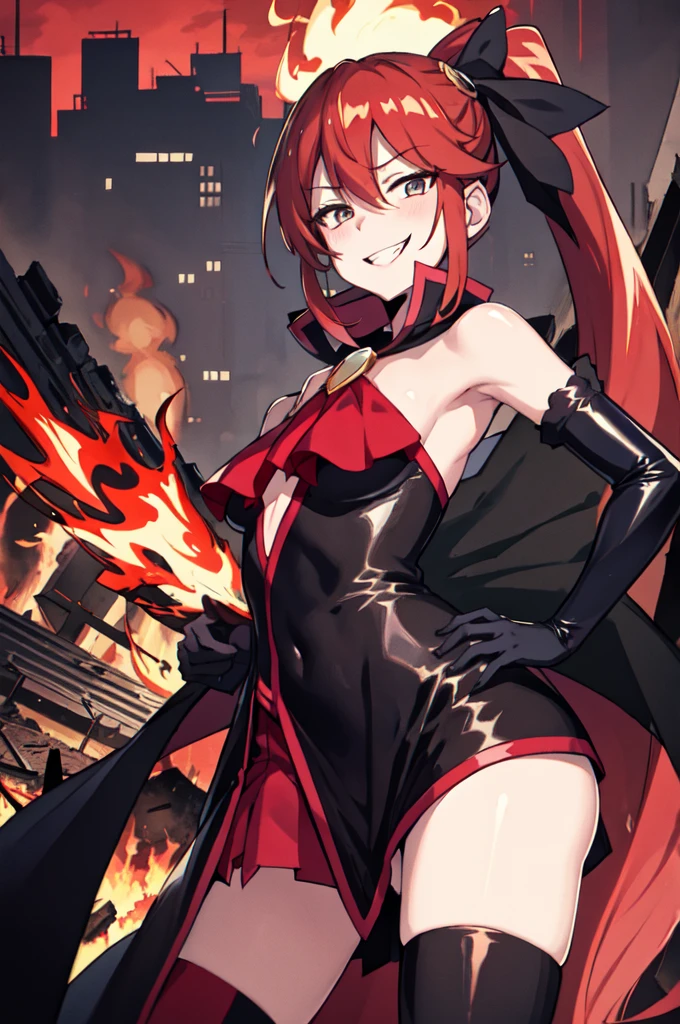 Highest quality, masterpiece, One girl,Not beautiful, Red Ponytail, Long dress, brooch, Hair Bow, Elbow hand pockets, Black knee socks, Standing on the rubble, Burning cityscape, (Wicked Smile:1.1), Hands on hips,,deep shaded face,sadistic smile,Malice,contempt,laugh at,latex,Bad face



