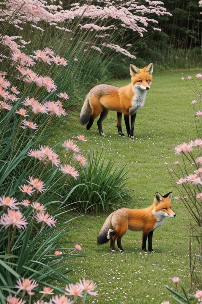 a beautiful fox, walking in a field of Spider Lily flowers, tattoo style