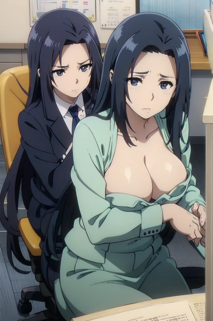 blue hair,,long hair,blue eyes,(((office suit,)))(disgust,looking disgusted, abhore),in the office,sitting on the office chair