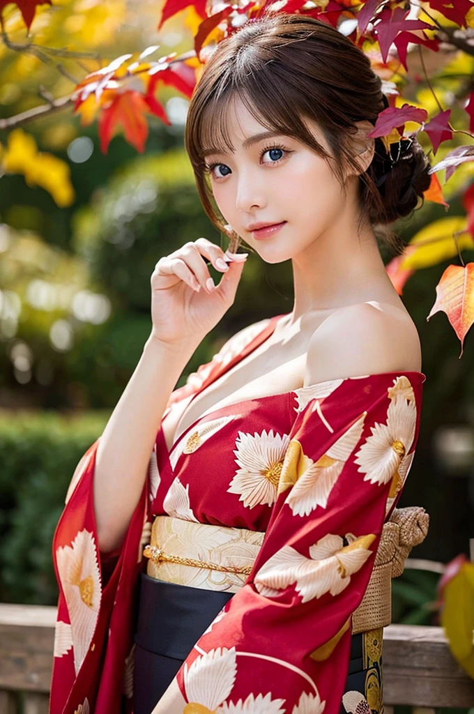(masutepiece:1.3, Photorealsitic:1.4, 8K), top-quality, masterpiece, 超A high resolution, Perfect dynamic composition, Professional camera work, Grow Light Effect, Realistic portrait, Cinematic Light, Highly detailed skin and facial texture:1.3, The ultra-detailliert, A detailed eye, Detailed limbs, autumnal, Autumn leaves landscape in the evening:1.25, 1girl in, Cute sexy 23 year old slim woman, Fair skin, Autumn leaves are dancing:1.25, (Enraptured look:0.9, Totally captivates you:1.0), (Red kimono:1.31 Only shoulders and scapula exposed), (Backshots, Calm pose), (voluptuous breasts:0.9), (Beautiful blue eyes, Eyes that feel beautiful eros:0.85), Sexy face:0.4, (A mouthfeel that feels beautiful eros:0.85), ((Too cute beauty:0.9))