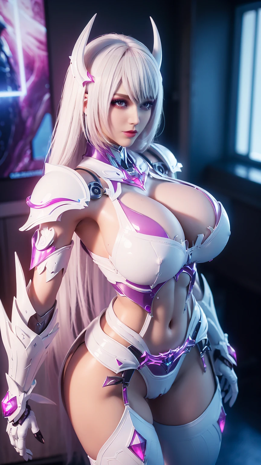 A BUSTY MILF, CLOSE UP UPPER BODY,SOLO, ((DRAGON MECHA HORN,WHITE HAIR)), (GIGANTIC FAKE BOOBIES,CLEAVAGE TOP,11 LINE ABS:1.5), ((WEARING OUTFIT WHITE,MAGENTA,BLACK DRAGON MECHA SKIMPY TRANSPARANT ARMOR:1.5)), (MUSCULAR BODY SHAPE:1.5), (CLEAN GLOSSY BODYSKIN:1.5), (LOOKING AT VIEWER:1.6), (BACKGROUND FUTURISTIC SPACE STATION:1), (PHOTOREALSITIC:1.4), (ULTRA-DETAILLIERT), (TOP-QUALITY), (BEST SHADOWS), BRIGHT LIGHT IN ROOM, HYPER TEXTURE, (4X MSAA), ((UNREAL ENGINE 5 RENDER)), (NEON), PHYSICALLY-BASED RENDERING, ULTRA HIGHT DEFINITION, 16K, 1080P.