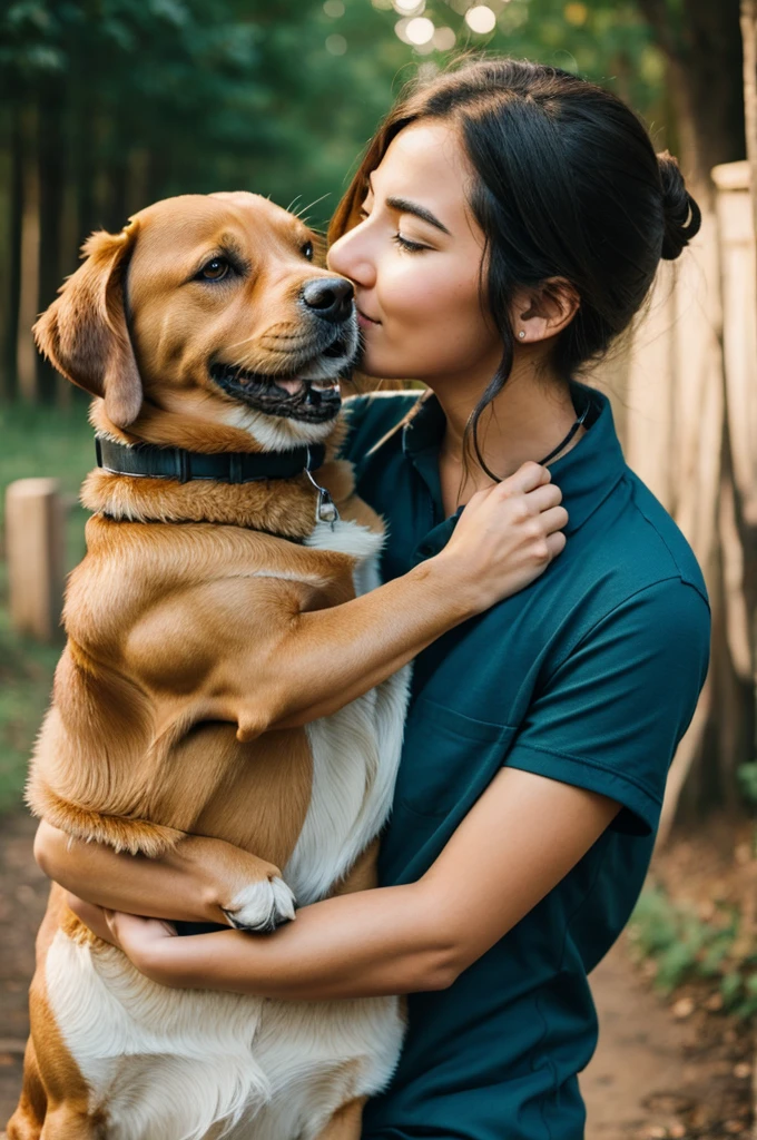 A human with a dog hugging