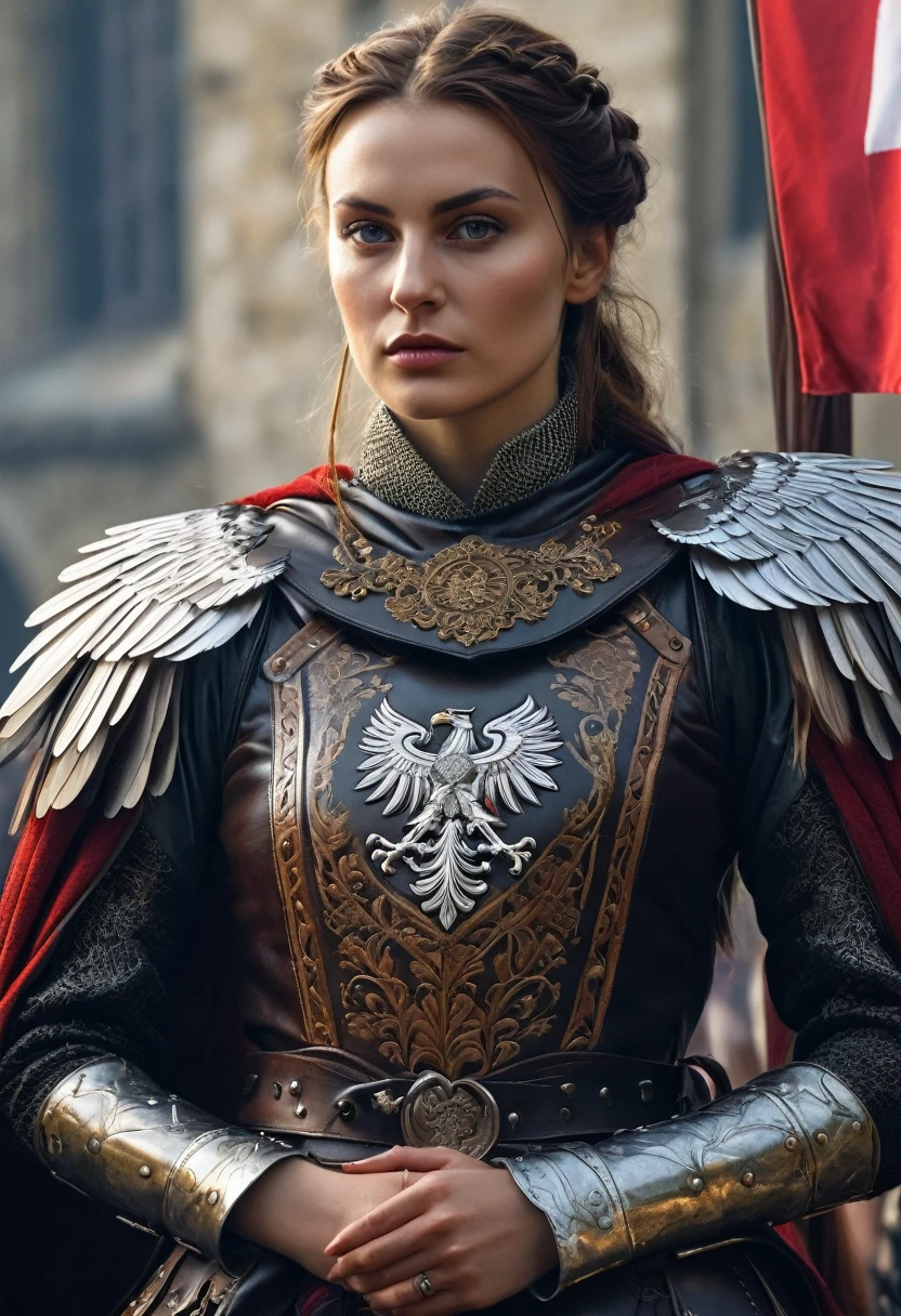(Masterpiece:1.5), (ultra-detailed:1.4), (highres:1.3), (HDR:1.2), (hyperrealism:1.5), (anatomically correct seductive female assassin:1.7), (European medieval fantasy setting:1.6), (dark and mysterious atmosphere:1.5), (medieval king of Poland during ceremony, show of pride, power, strengh, patriot, polish eagle flying in background:1.6), (best quality:1.5), (dynamic and powerful pose:1.4), (subtle yet haunting lighting:1.3), (rich and deep color palette:1.2), (engraved weapons with magical glow:1.5), (detailed leather and metalwork on costume:1.4), (captivating eyes that hold a story:1.3), (perfect blend