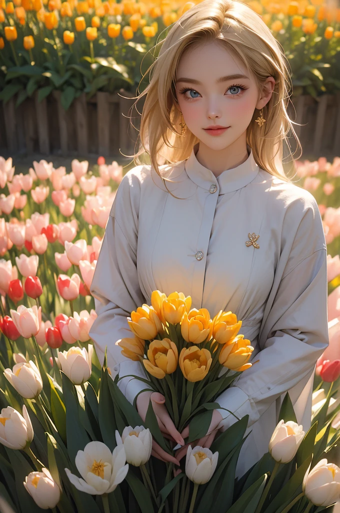 ((ultra detailed, masterpiece, absurdres))
 HGFiona, 1girl, blonde hair, blue eyes, in a field of tulips, golden hour, elegant dress, smiling
