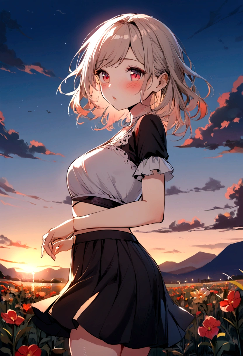 1 girl, by white, Red eyes, bright Eyes, crop top, Skirt, Chapped lips, blush, evening, flores