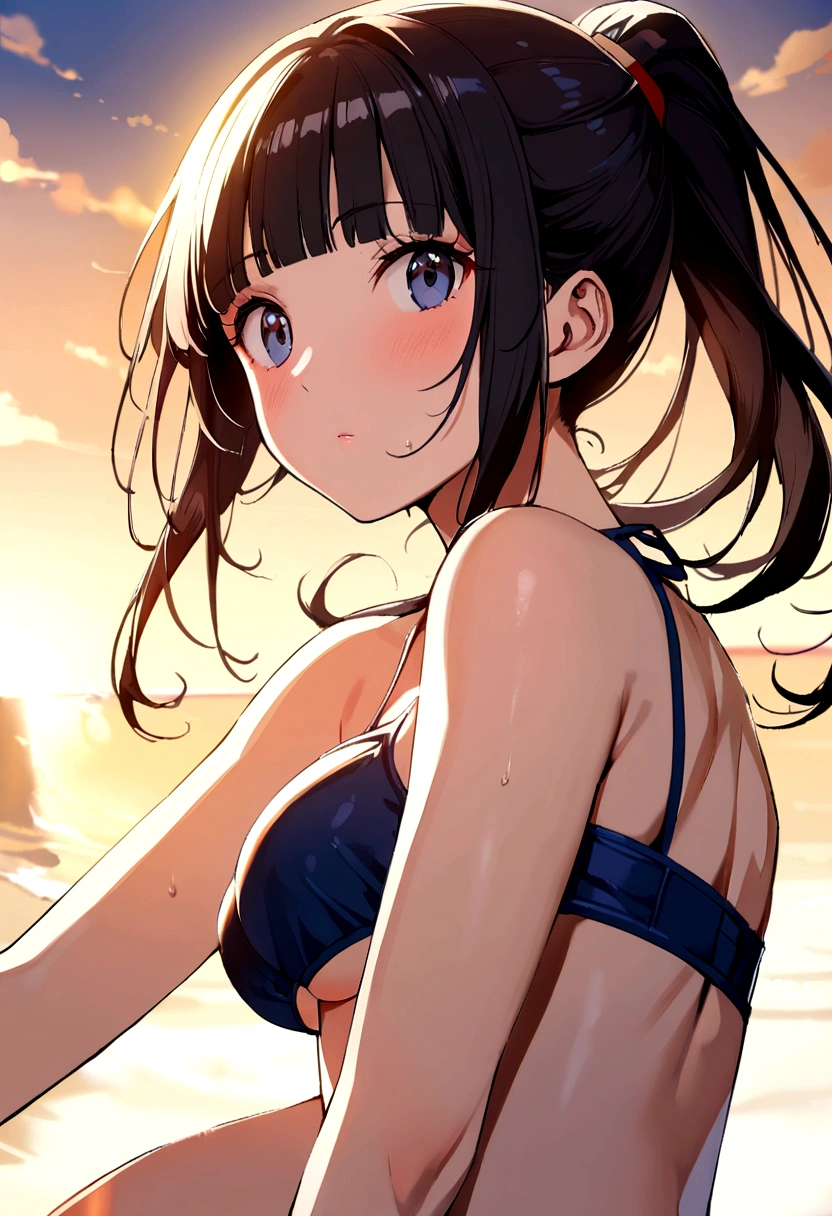 1 girl、Navy blue school swimwear,ponytail、blunt bangs、Black Hair、super fine illustration,(((beautiful fine hair))),(((beautiful fine face))),(((beautiful fine background))),Midsummer、beachBlack Hair、student、bikini、ponytail、blunt bangs、Cross-eyed