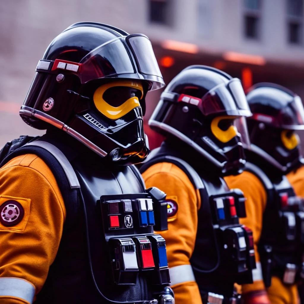 A film still from the Star Wars universe showing elite black costumed firefighters wearing helmets and jackets in Star Wars style, Shallow depth of field, Vignette, Very detailed, High budget, Bokeh, CinemaScope, Sulky, amazing, nice, Film Grain, granular,The background is a building