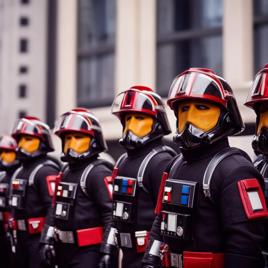 A film still from the Star Wars universe showing elite black costumed firefighters wearing helmets and jackets in Star Wars style, Shallow depth of field, Vignette, Very detailed, High budget, Bokeh, CinemaScope, Sulky, amazing, nice, Film Grain, granular,The background is a building