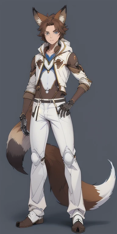 (best quality, concept art), 1boy animatronic ,brown Messy hair ,fox ears , blue pupils , Mechanical ,fox tail , White pants