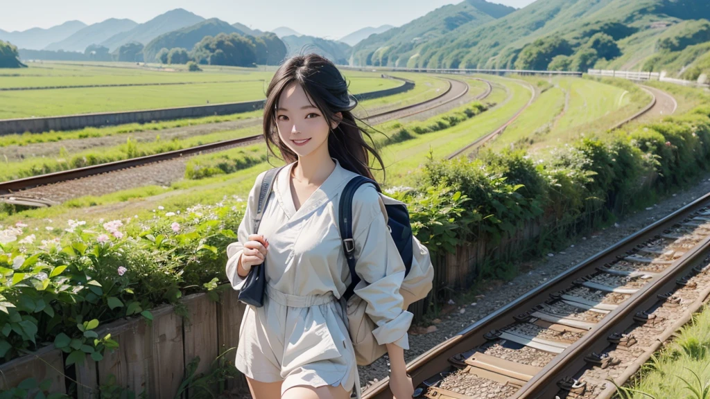 8K、RAW Photos、Highest quality、Super detailed、Super Resolution、Ultra HD、8K壁紙、Amazingly detailed rural landscape、The tracks continue、Walking along the tracks、(Sailor suit),smile、sun、School bag