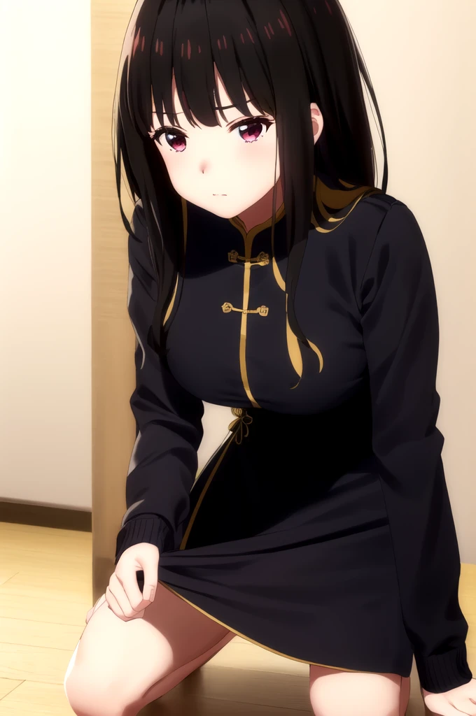 China dress、、、I can see her 、I can see the valley、China dress、Black Hair、Leaning forward、、Blushing、、A look of contempt