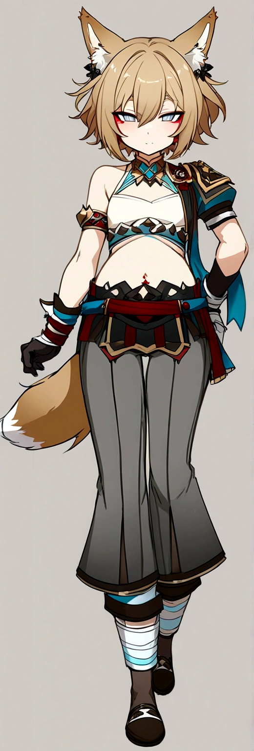 Masterpiece, High quality, High quality of art, best quality, anime lineart, Femboy, light carrot hair, fox ears, fox tail, Red eyeshadow, purple eye color,  belly, Femboy, military armlets, general's pants, A heavy golden bow with rubies, A longbow behind his back, half sleep eyes, Platinum bell and bow near the ear, a small shorts, Red and white rope belt, no human ears, Black heart tattoo on tummy, light carrot hair 