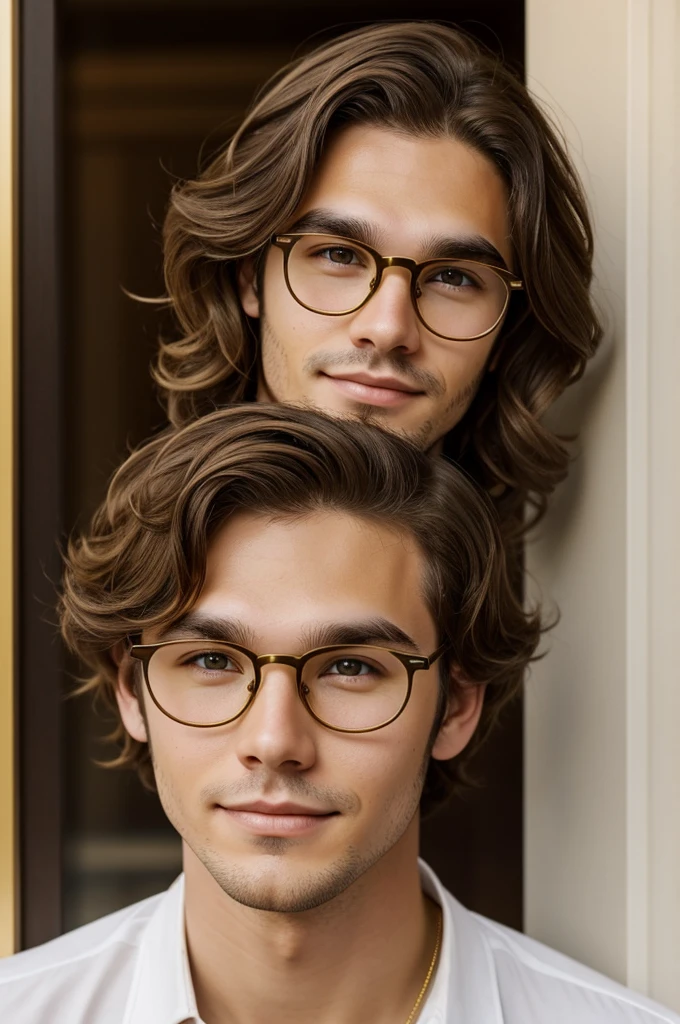 Young white-skinned man, short wavy brown hair, gold thin glasses, dimples on the cheeks brown eyes bushy eyebrows