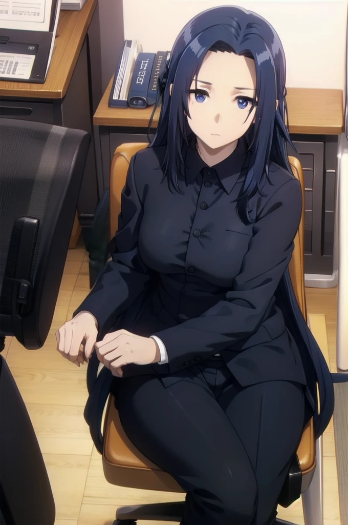 blue hair,,long hair,blue eyes,(((office suit,))),in the office,sitting on the office chair
