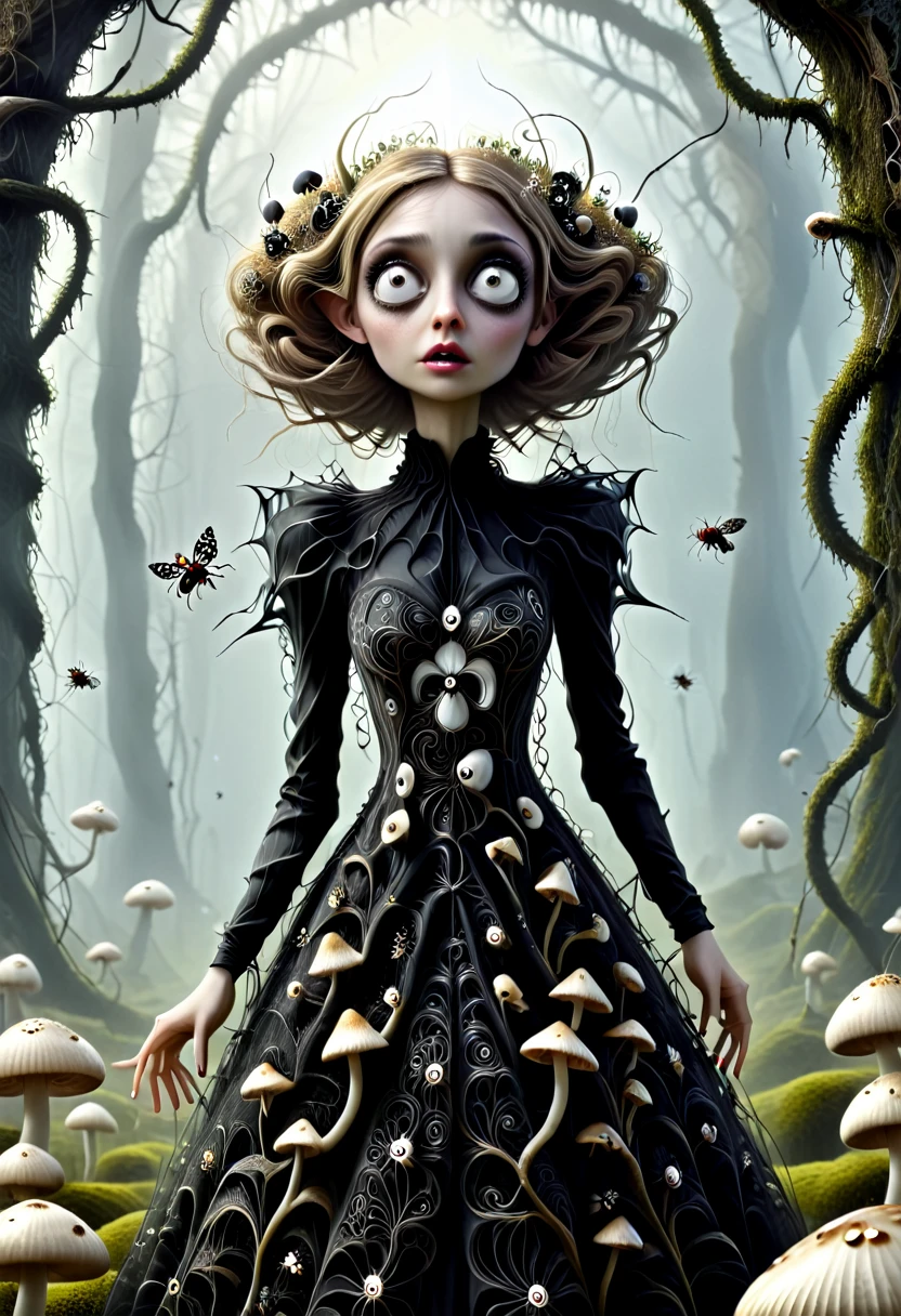 Karely Ruiz, spider-shaped lace dress, She looks with her enormous eyes directly at the mushrooms with an expression of astonishment as she sees herself surrounded by hundreds of crystal insects that have an impossible geometry.... All with the style of Tim Burton, in a kind of surreal dream. While drinking some tea.