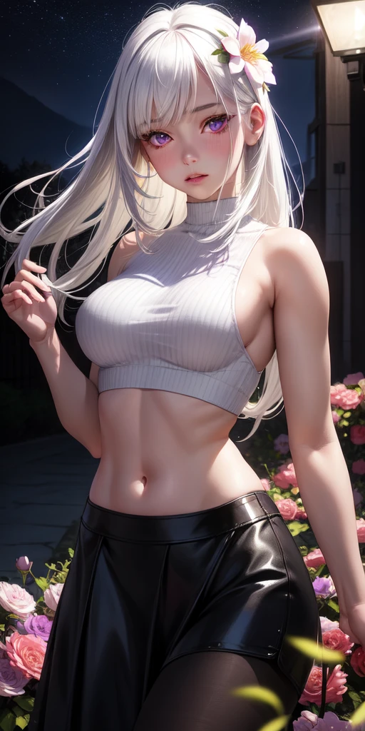 realistic, 1girl, white hair, purple eyes, glowing eyes, crop top, skirt, parted lips, blush, night, flowers, sun, sunlight, 