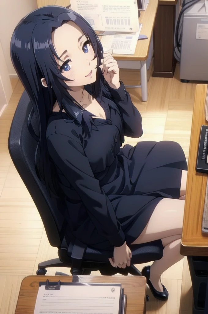 blue hair,,long hair,blue eyes,dress,in the office,sitting on the office chair
