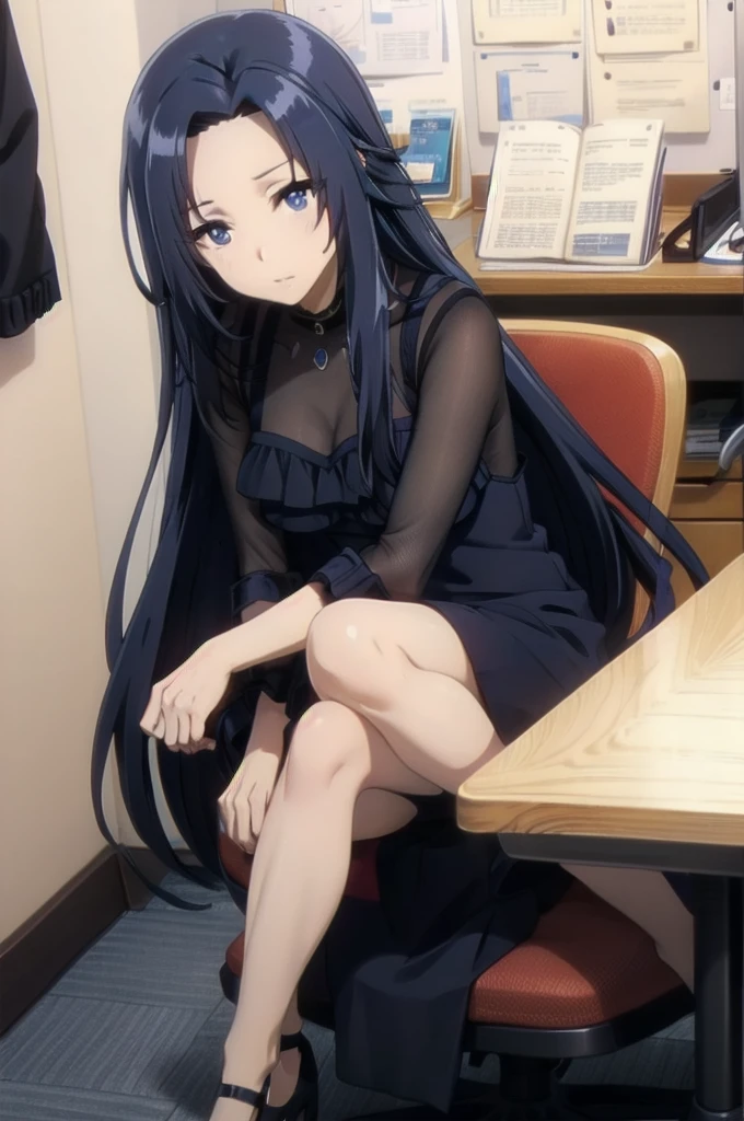 blue hair,,long hair,blue eyes,dress,in the office,sitting on the office chair
