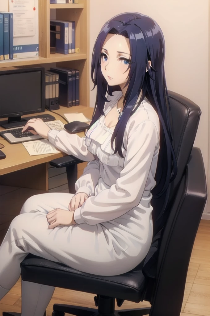 blue hair,,long hair,blue eyes,dress,in the office,sitting on the office chair
