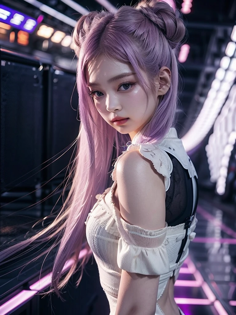 Genshin impact, white hair, purple hair, light purple hair, heavenly angel, complex background, highly detailed, complex details, high focus, complex background, ethereal, purple angel, pink hair, blackpink jennie.
