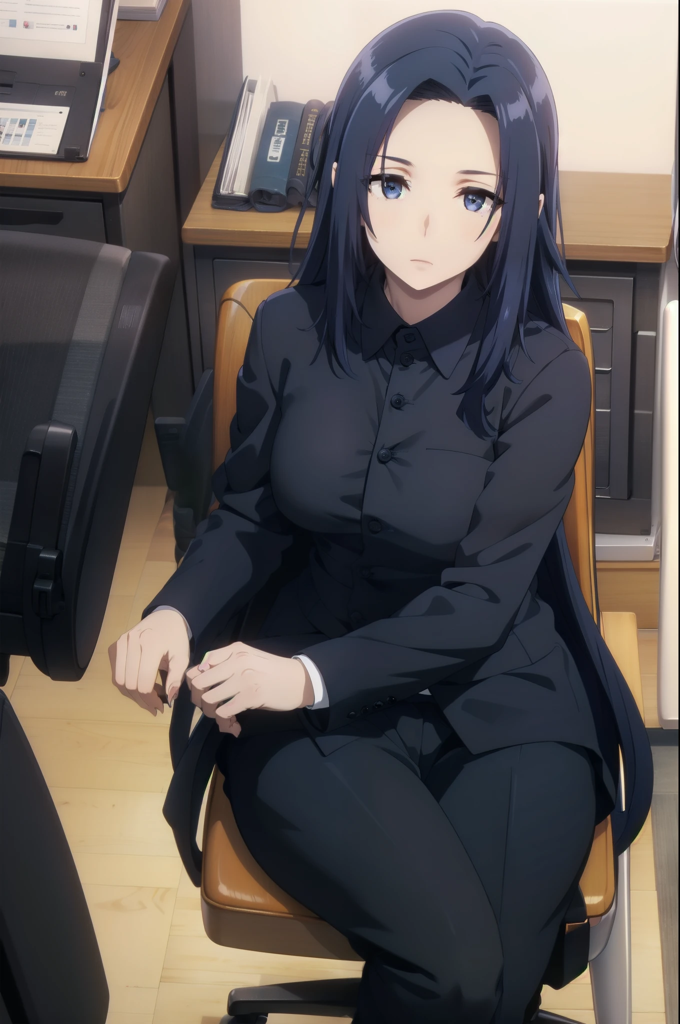 blue hair,,long hair,blue eyes,(((office suit,))),in the office,sitting on the office chair
