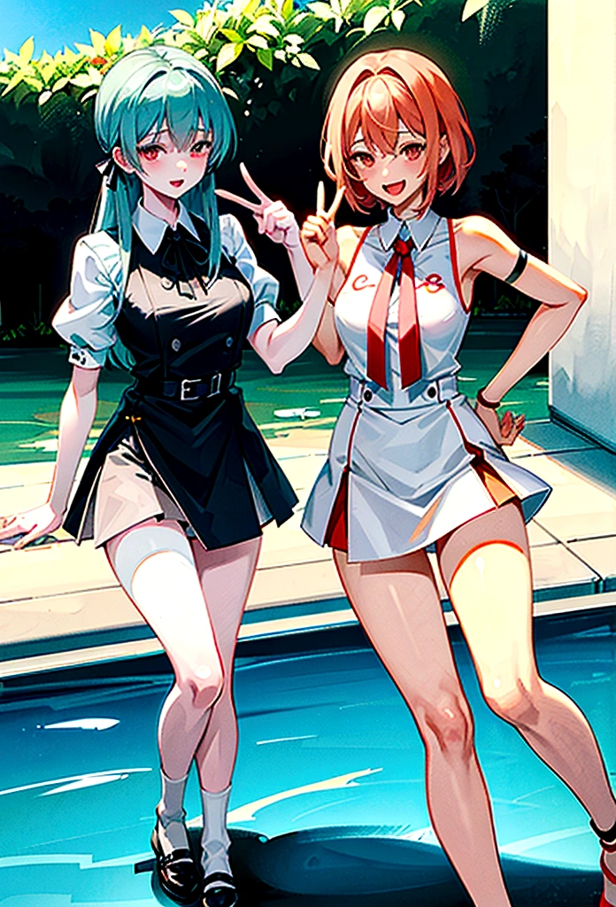 Two women, Shikinami Asuka and Ayanami Rei, have anal sex outdoors and smile, get excited, and urinate in a double peace sign.