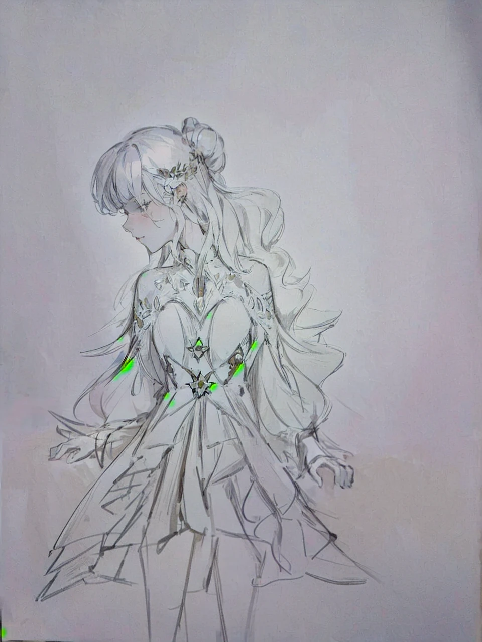 (masterpiece, best quality),1girl with long white hair sitting in a field of green plants and flowers, her hand under her chin, warm lighting, white dress, blurry foreground
