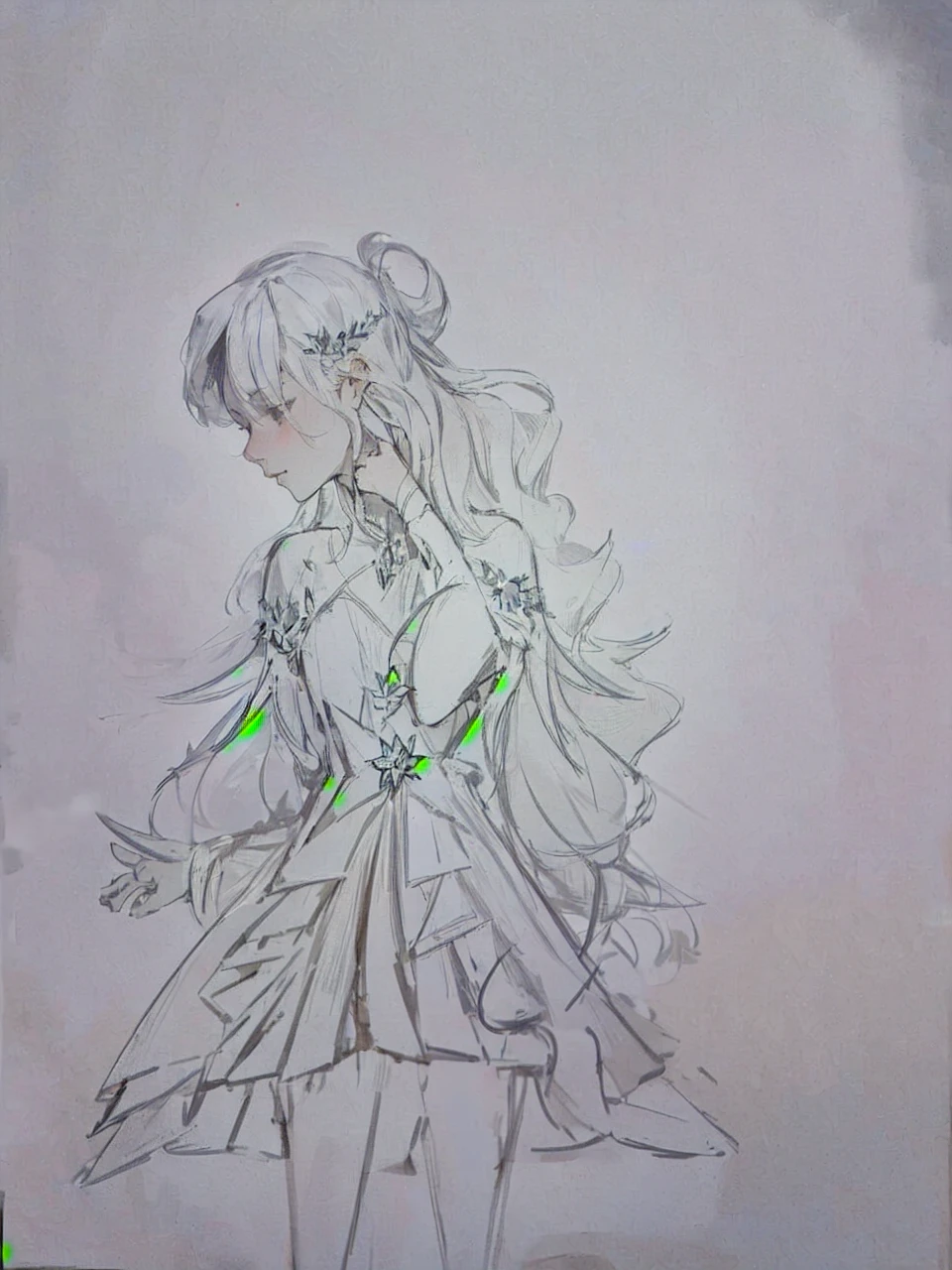 (masterpiece, best quality),1girl with long white hair sitting in a field of green plants and flowers, her hand under her chin, warm lighting, white dress, blurry foreground