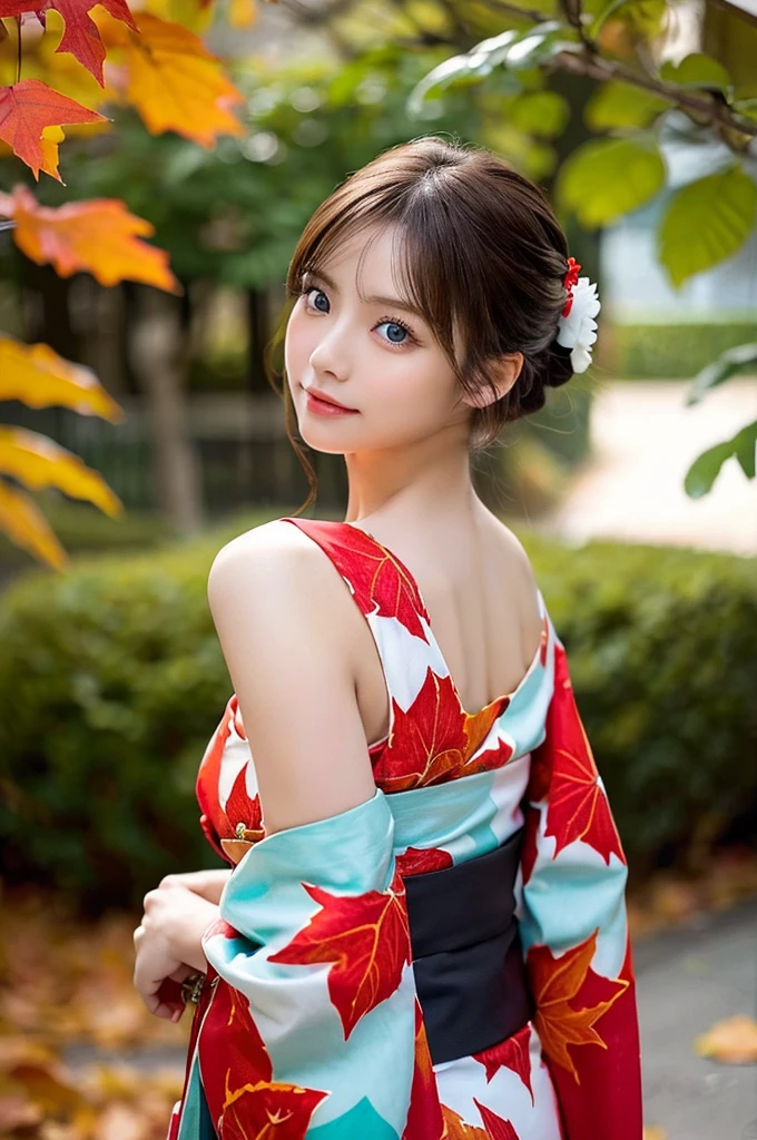 (masutepiece:1.3, Photorealsitic:1.4, 8K), top-quality, ​masterpiece, 超A high resolution, Perfect dynamic composition, Professional camera work, Grow Light Effect, Realistic portrait, Cinematic Light, Highly detailed skin and facial texture:1.3, The ultra-detailliert, A detailed eye, Detailed limbs, autumnal, Autumn leaves landscape in the evening:1.25, 1girl in, Cute sexy 23 year old slim woman, Fair skin, Autumn leaves are dancing:1.25, (Enraptured look:0.9, Totally captivates you:1.0), (Red kimono:1.31 Only shoulders and scapula exposed), (Backshots, Calm pose), (voluptuous breasts:0.9), (Beautiful blue eyes, Eyes that feel beautiful eros:0.85), Sexy face:0.4, (A mouthfeel that feels beautiful eros:0.85), ((Too cute beauty:0.9))