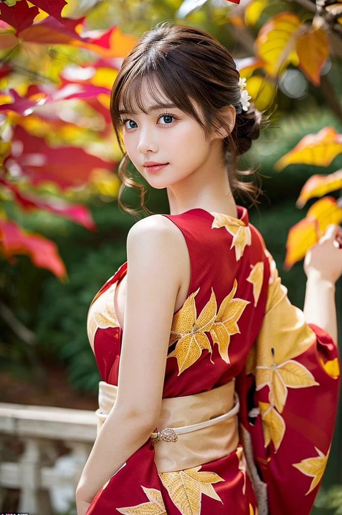 (masutepiece:1.3, Photorealsitic:1.4, 8K), top-quality, masterpiece, 超A high resolution, Perfect dynamic composition, Professional camera work, Grow Light Effect, Realistic portrait, Cinematic Light, Highly detailed skin and facial texture:1.3, The ultra-detailliert, A detailed eye, Detailed limbs, autumnal, Autumn leaves landscape in the evening:1.25, 1girl in, Cute sexy 23 year old slim woman, Fair skin, Autumn leaves are dancing:1.25, (Enraptured look:0.9, Totally captivates you:1.0), (Red kimono:1.31 Only shoulders and scapula exposed), (Backshots, Calm pose), (voluptuous breasts:0.9), (Beautiful blue eyes, Eyes that feel beautiful eros:0.85), Sexy face:0.4, (A mouthfeel that feels beautiful eros:0.85), ((Too cute beauty:0.9))