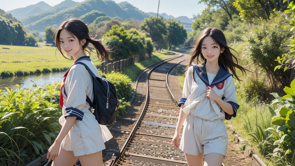 8K、RAW Photos、Highest quality、Super detailed、Super Resolution、Ultra HD、8K壁紙、Amazingly detailed rural landscape、The tracks continue、Walking along the tracks、(Sailor suit),smile、sun、School bag
