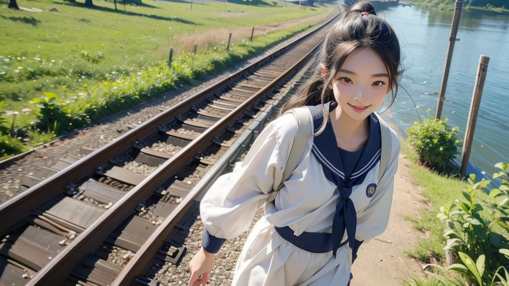 8K、RAW Photos、Highest quality、Super detailed、Super Resolution、Ultra HD、8K壁紙、Amazingly detailed rural landscape、The tracks continue、Walking along the tracks、(Sailor suit),smile、sun、School bag